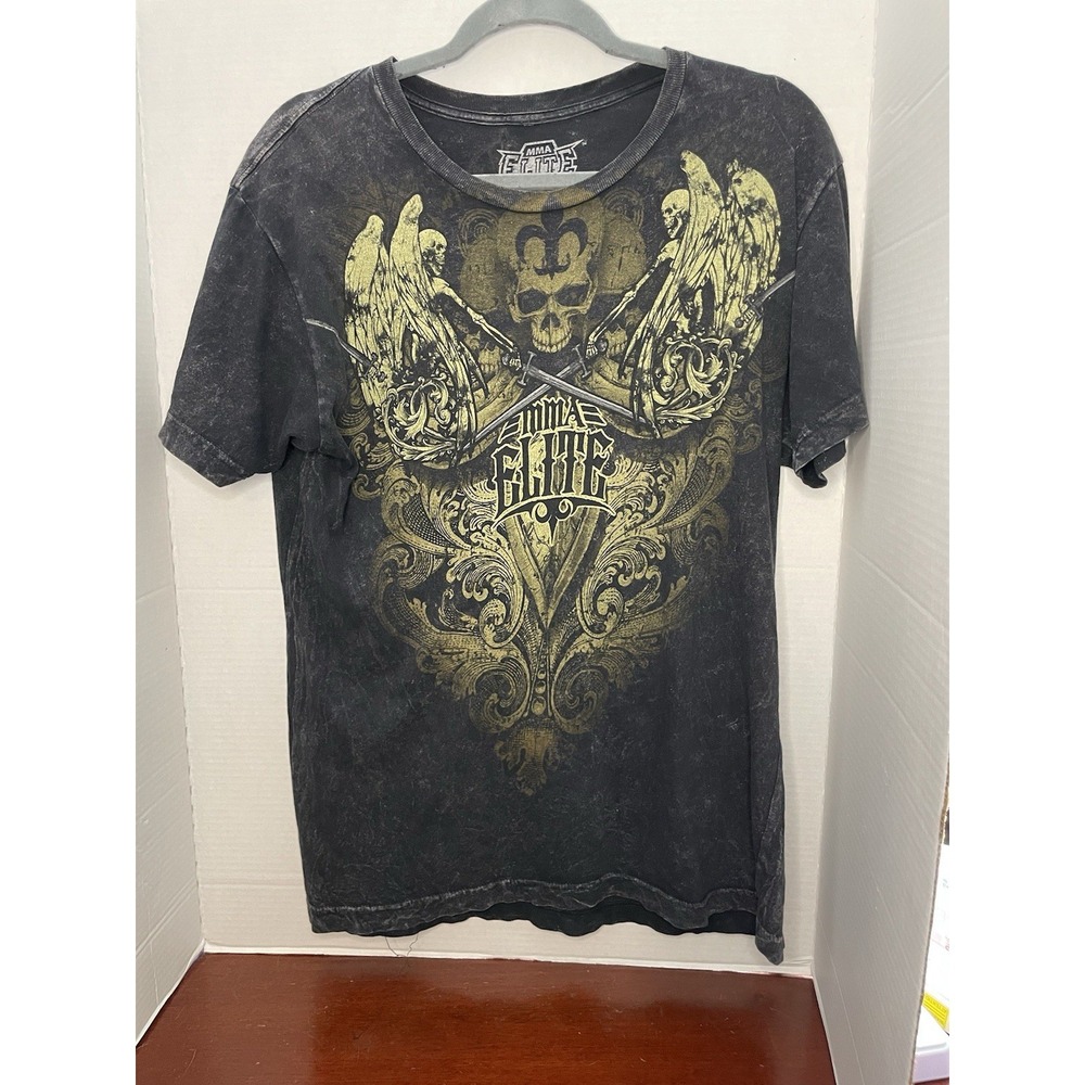 MMA Elite T Shirt Mens Medium Distressed Short Sleeve Rocker Skull Cross Y2K